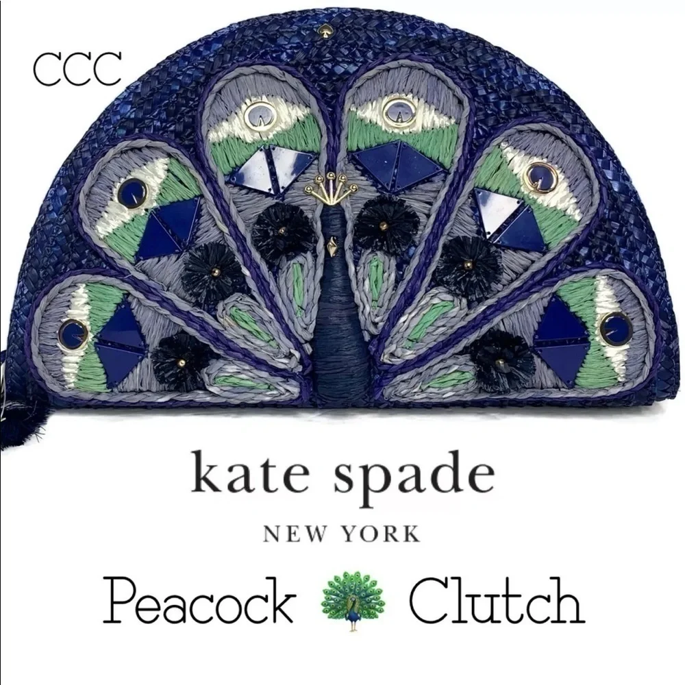 NWT Kate Spade Full Plume Embroidered Straw Peacock Clutch Peacock Wicker Bird